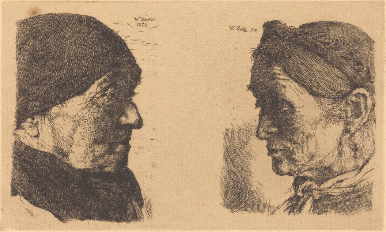Portret starej wieśniaczki w prawym profilu i wieśniaczki z zamkniętymi oczami autorstwa Wilhelm Maria Hubertus Leibl