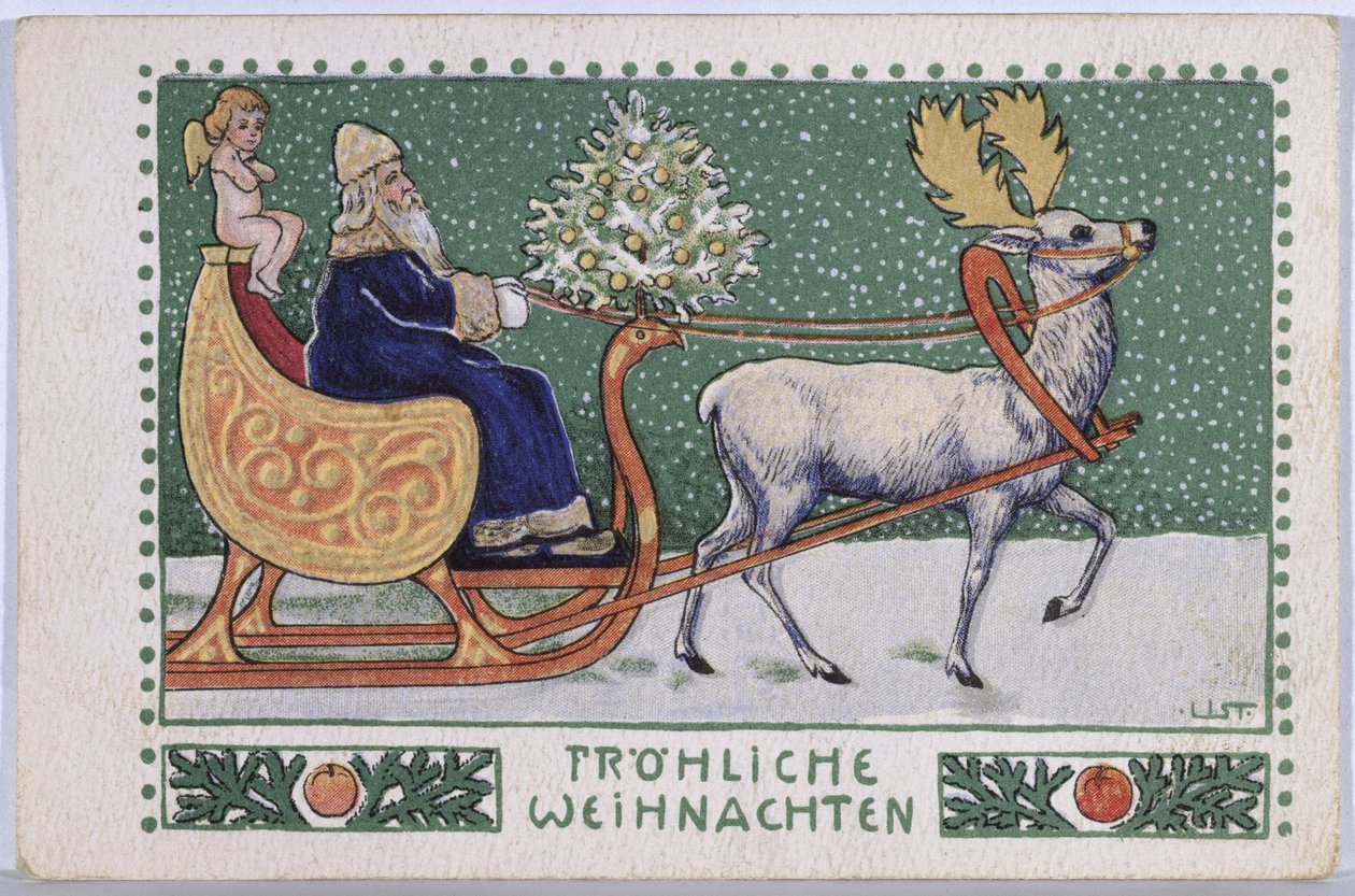 Pocztówka przedstawiająca Mikołaja na saniach, ok. 1910 r. autorstwa Wilhelm List