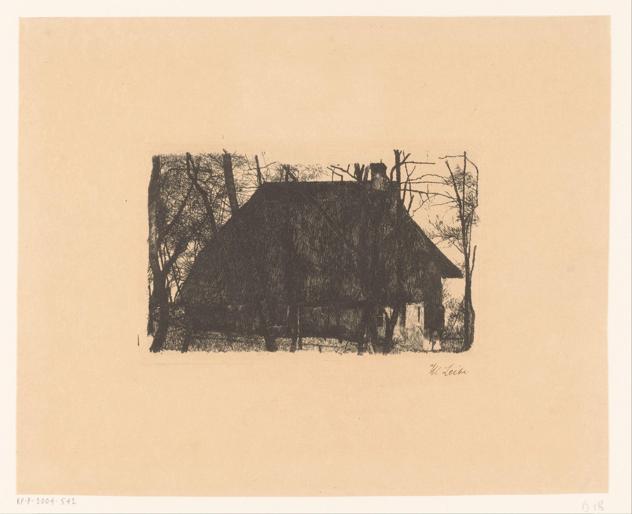 Farma między gołymi drzewami autorstwa Wilhelm Maria Hubertus Leibl (signed by artist)