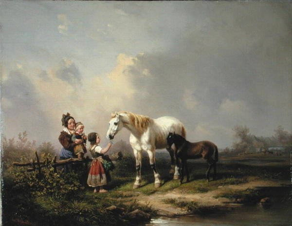 Karmienie klaczy i źrebaka (olej na płótnie) autorstwa Wilhelm Meyerheim