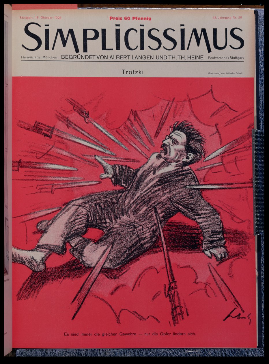 Karykatura atakowanego Lwa Trockiego (1879-1940), z magazynu „Simplicisissimus”, październik 1928 (litografia kolorowa) autorstwa Wilhelm Schulz