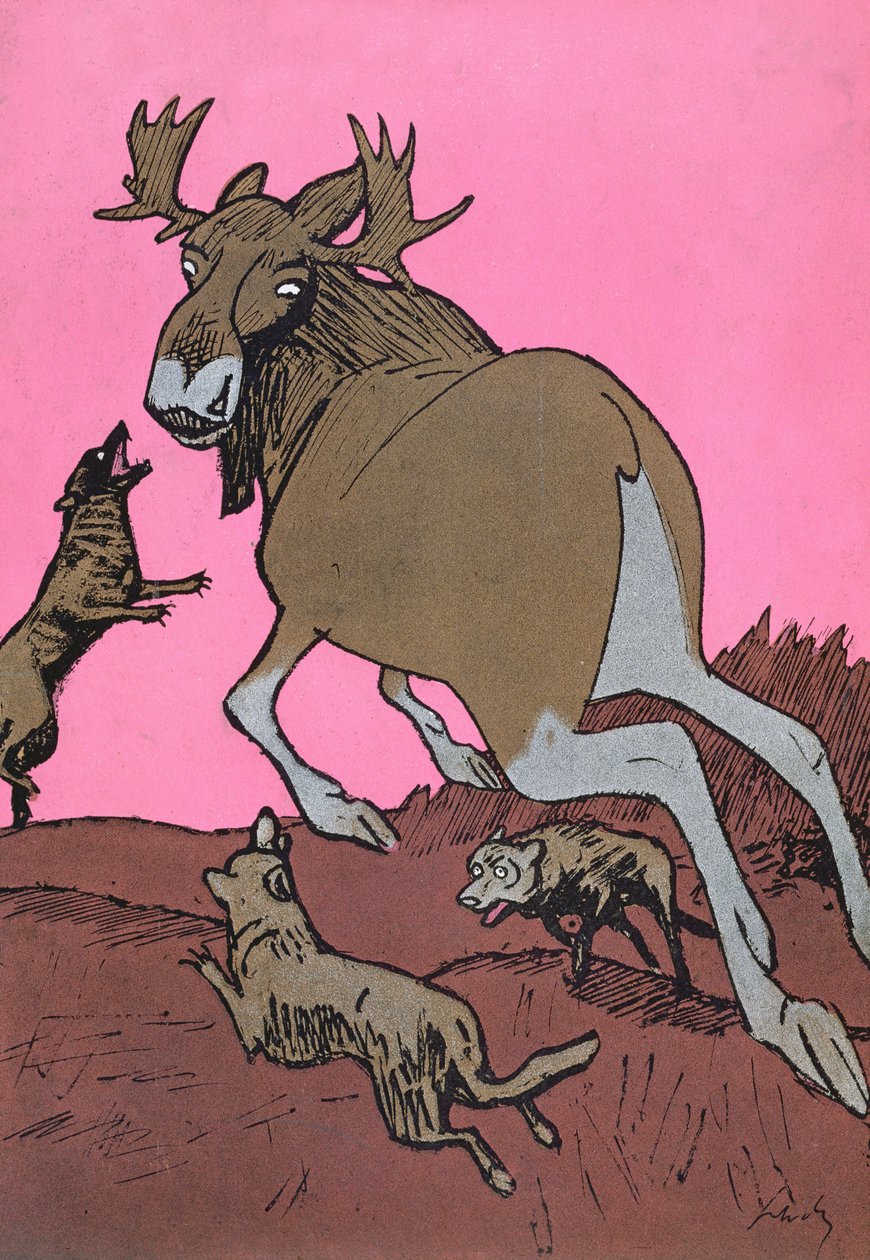 „Finis Finnlandiae”, Finlandia (przedstawiona jako łoś) zaatakowana przez Rosję (przedstawiona jako wataha wilków), karykatura z magazynu „Simplicissimus” autorstwa Wilhelm Schulz