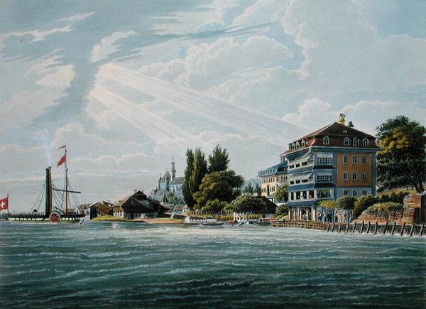 Hotel i pensjonat Bellevue nad jeziorem Lac de Thoune, grawerowane przez Bodmera (kolor lito) autorstwa Wilhelm Ulrich Oppermann