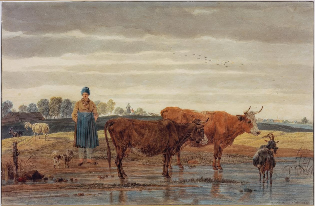Żona rolnika z wypasem bydła nad wodą autorstwa Wilhelm von Kobell