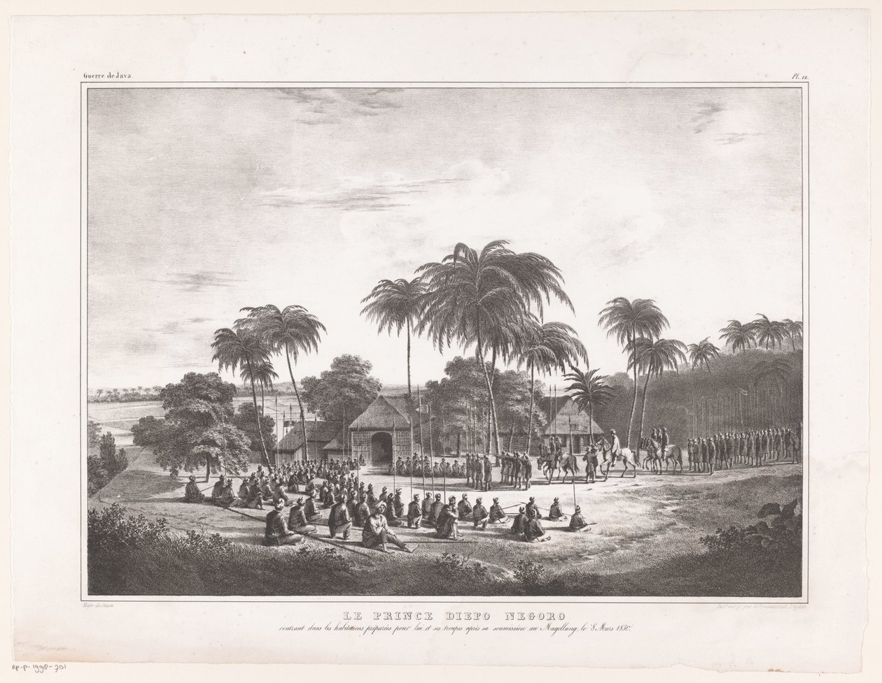 Aankomst van Prins Diepo Black in MagelangLe Prince Diepo Black (tytuł na obiekcie)Atlas Memoirs on the War of the Island of Java 1825 to 1830 (tytuł serii) autorstwa Wilhelmus van Groenewoud