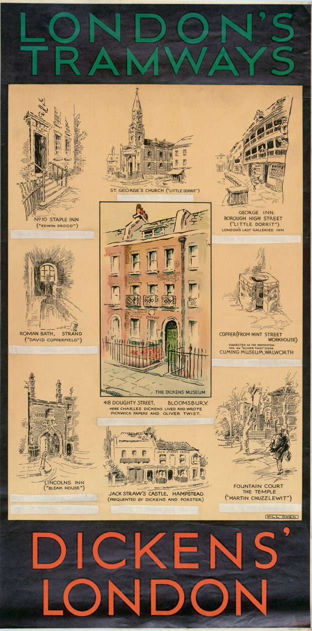 „Londyn Dickensa”, plakat Rady Hrabstwa Londynu LCC Tramways, 1930 autorstwa Will Owen