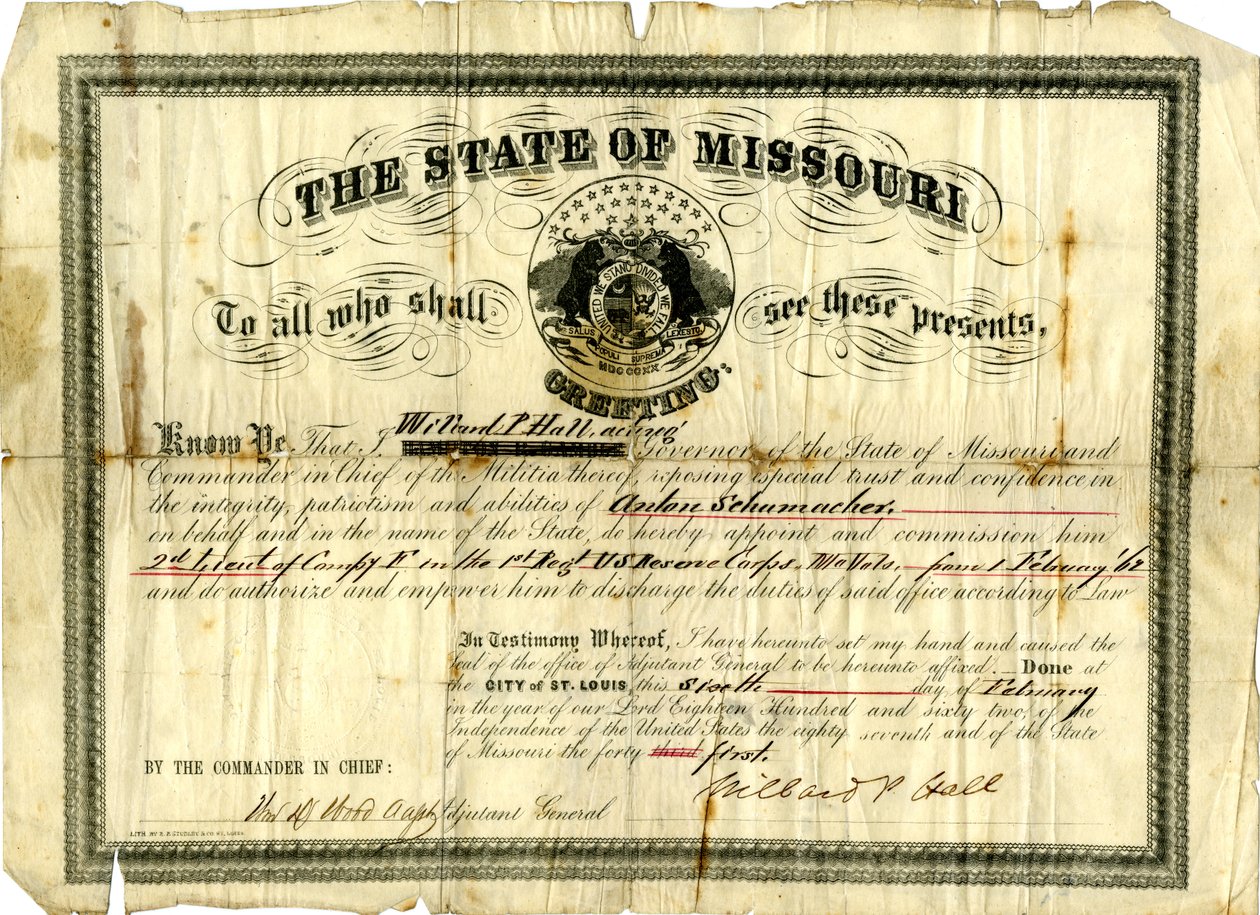 Przyznanie Antonowi Schumacherowi stopnia wojskowego podporucznika kompanii F w 1. pułku U.S.R.C., ochotników z Missouri, 6 lutego 1862 r. autorstwa Willard P. Hall