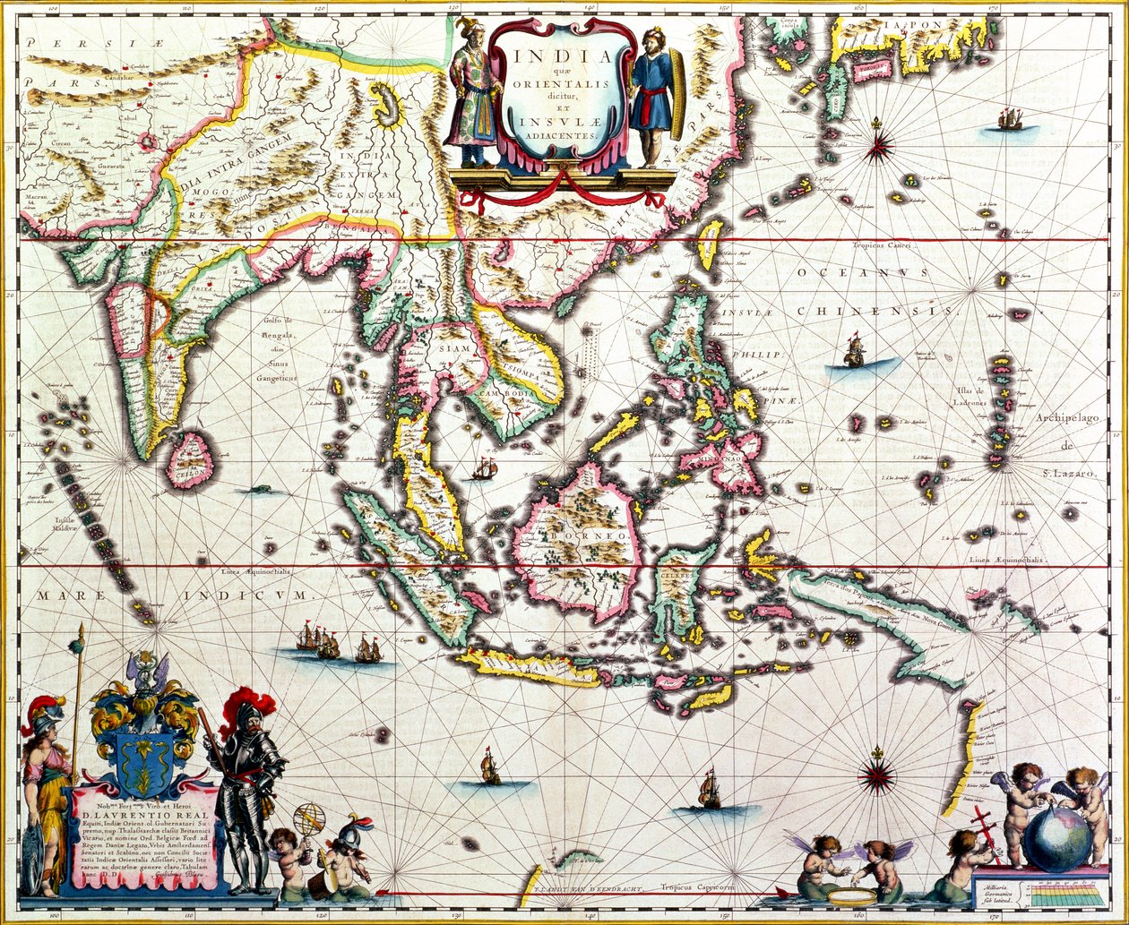 India Quae Orientalis Dicitur, Et Insulae Adiacentes, mapa przedstawiająca Azję Południowo-Wschodnią i Indie Wschodnie, wydana w Amsterdamie, ok. 1635 r. (rycina ręcznie kolorowana) autorstwa Willem Janszoon Blaeu