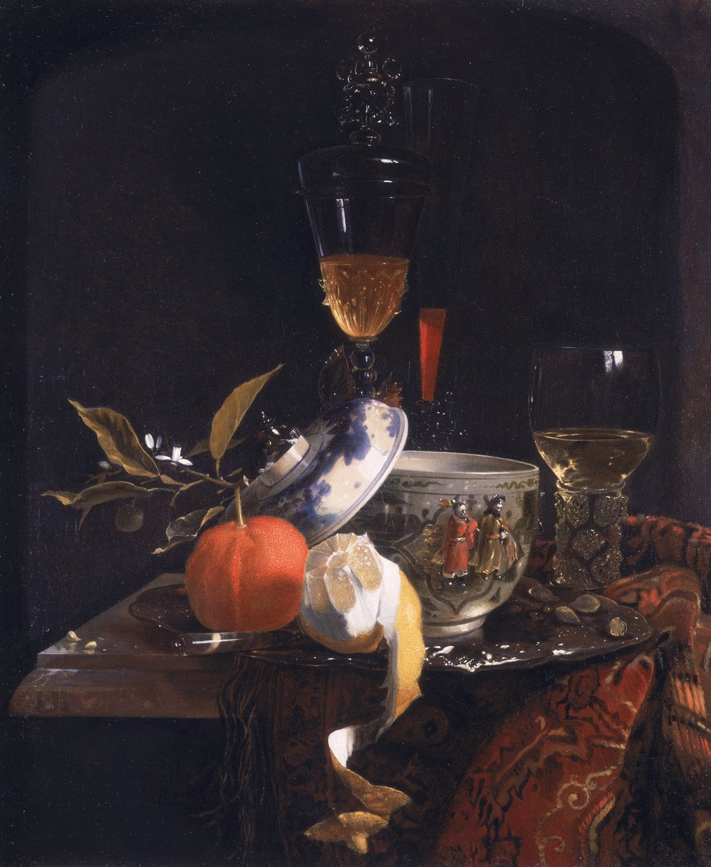 Martwa natura z chińskim słoikiem z cukrem, szklanym kielichem i owocami autorstwa Willem Kalf
