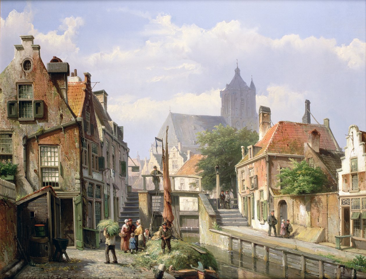 Rozładunek barki z sianem, Haarlem autorstwa Willem Koekkoek