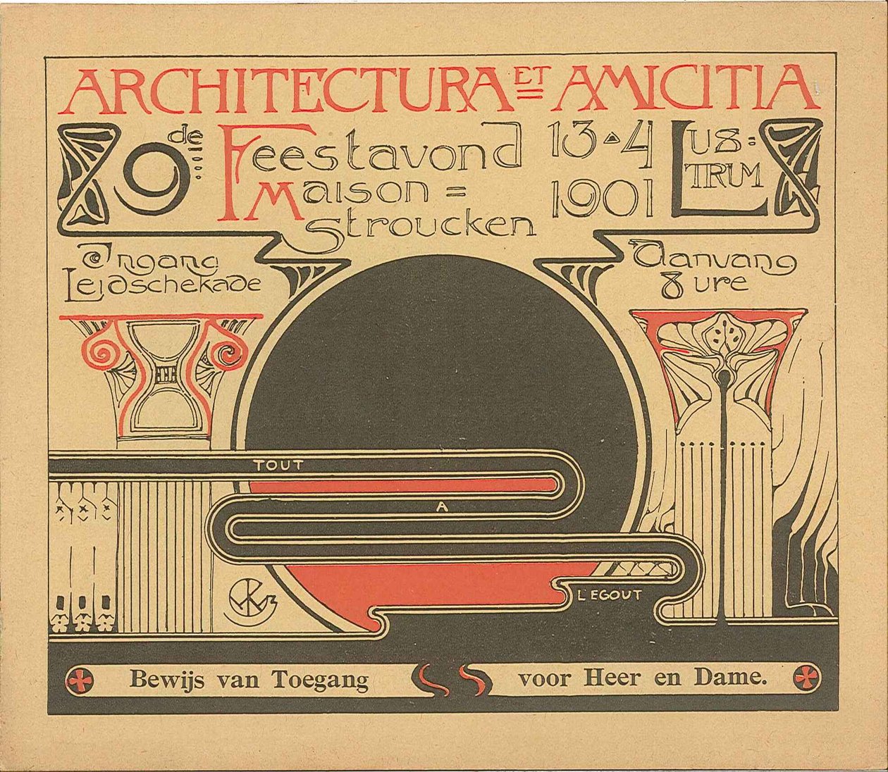 Bilet wstępu na wieczór obchodów 13 kwietnia 1901 r. z okazji 9. nawiedzenia Architectura et Amicitia autorstwa Willem Kromhout