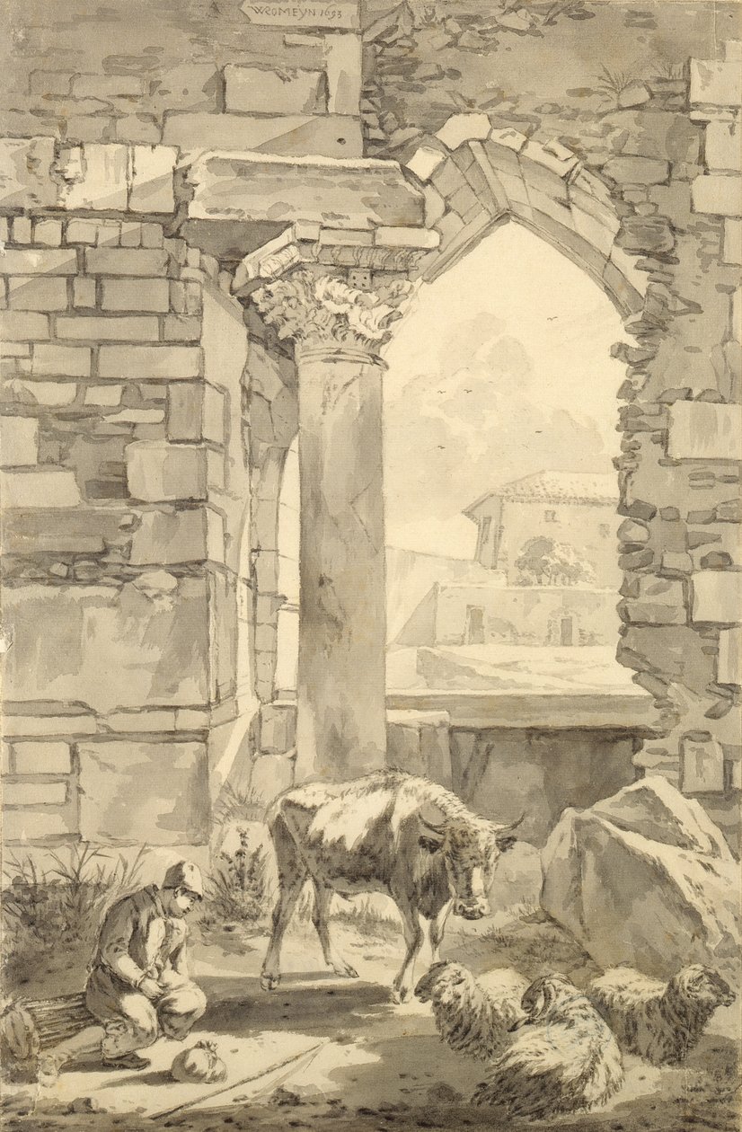 Pasterz z krową i owcami w ruinie, 1693 (pióro i szary tusz i ołówek na papierze) autorstwa Willem Romeyn