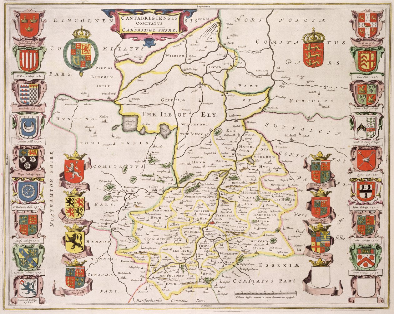 Mapa Cambridgeshire, opublikowana w Amsterdamie ok. 1647-48 (rycina ręcznie kolorowana) autorstwa Joan Blaeu