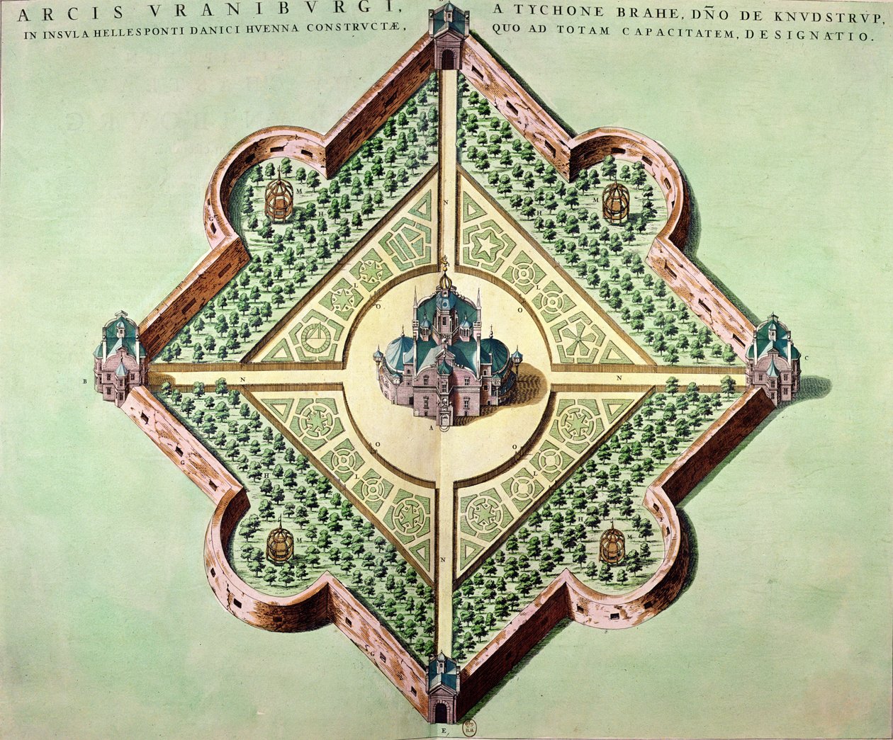 Plan zamku i obserwatorium Uraniborg, zbudowany ok. 1584 przez Tycho Brahe (1546-1601) na wyspie Hven w Danii z „Le Theatre du Monde” lub „Nouvel Atlas”, opublikowany w Amsterdamie, 1645 autorstwa Joan Blaeu
