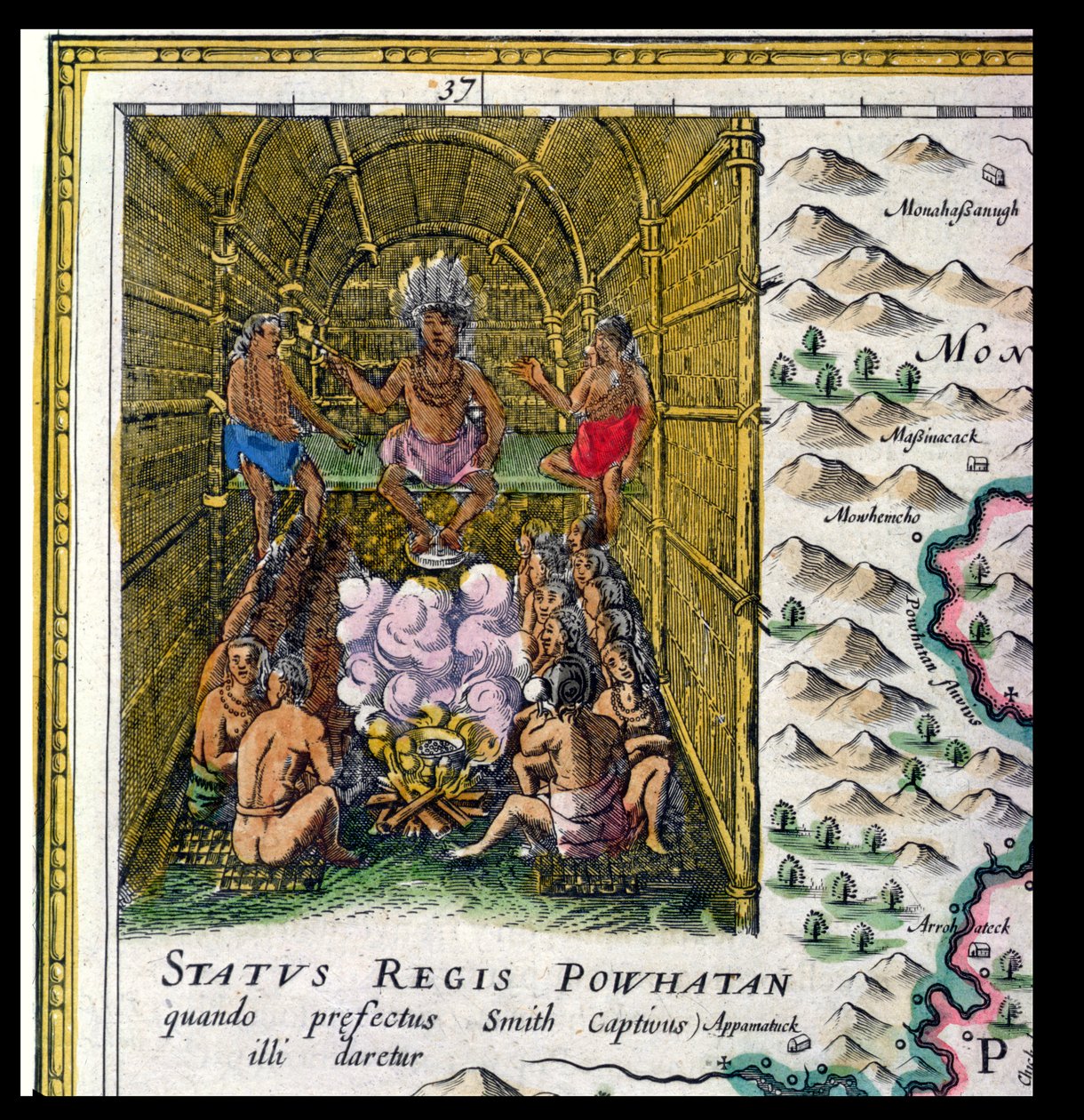 Wódz plemienia Powhattan, szczegół z "Nova Virginiae Tabula", wyryty przez Jodocus Hondius (1563-1612) i Dirck Gryp, 1647 autorstwa Joan Blaeu