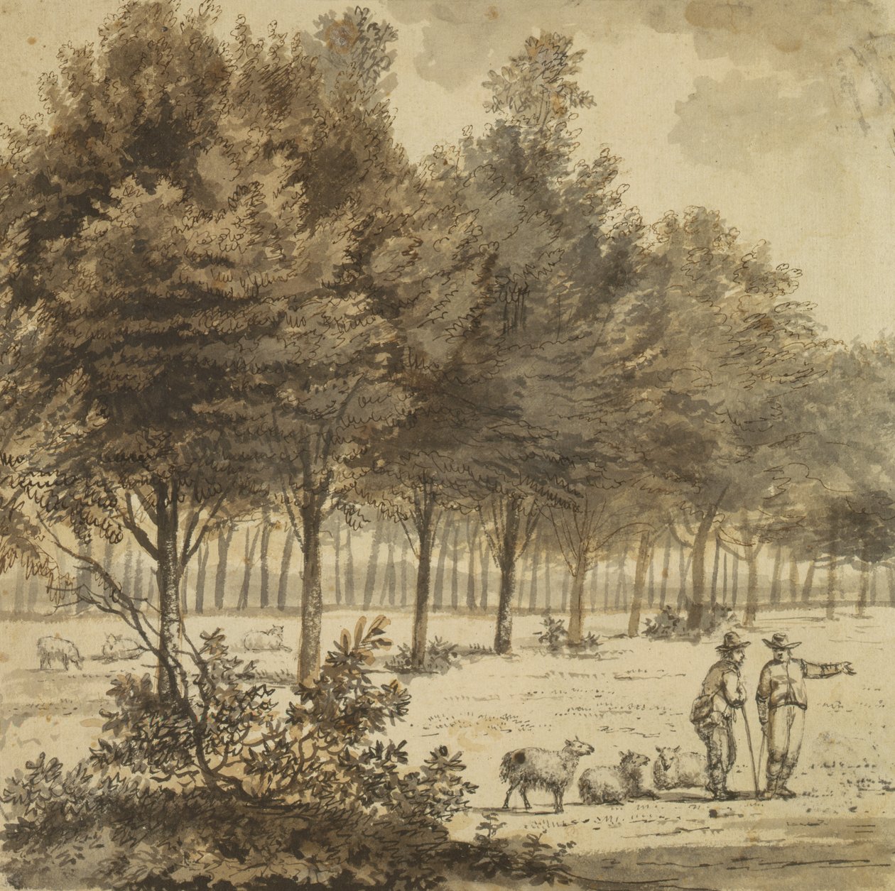 Dwóch pasterzy i aleja (pióro, pędzel i szary tusz na papierze) autorstwa Willem de Heusch