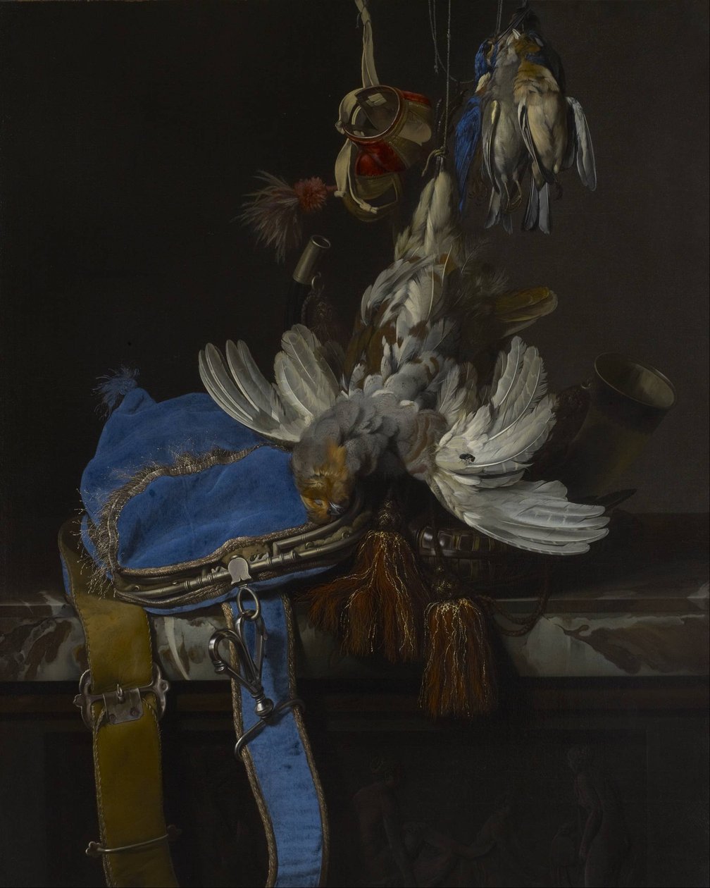 Poluj na martwą naturę z aksamitną torbą na marmurowej półce autorstwa Willem van Aelst