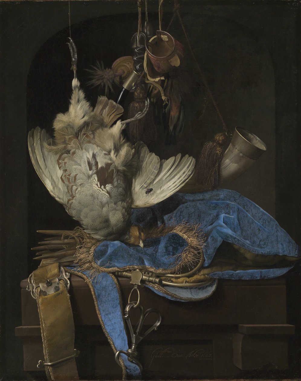 Martwa natura ze sprzętem myśliwskim i martwymi ptakami autorstwa Willem van Aelst