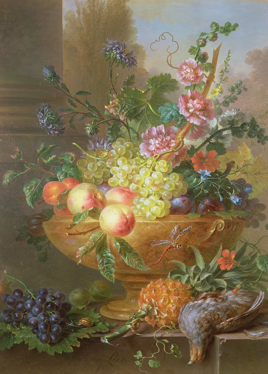 Martwa natura z owoców i kwiatów autorstwa Willem van Leen
