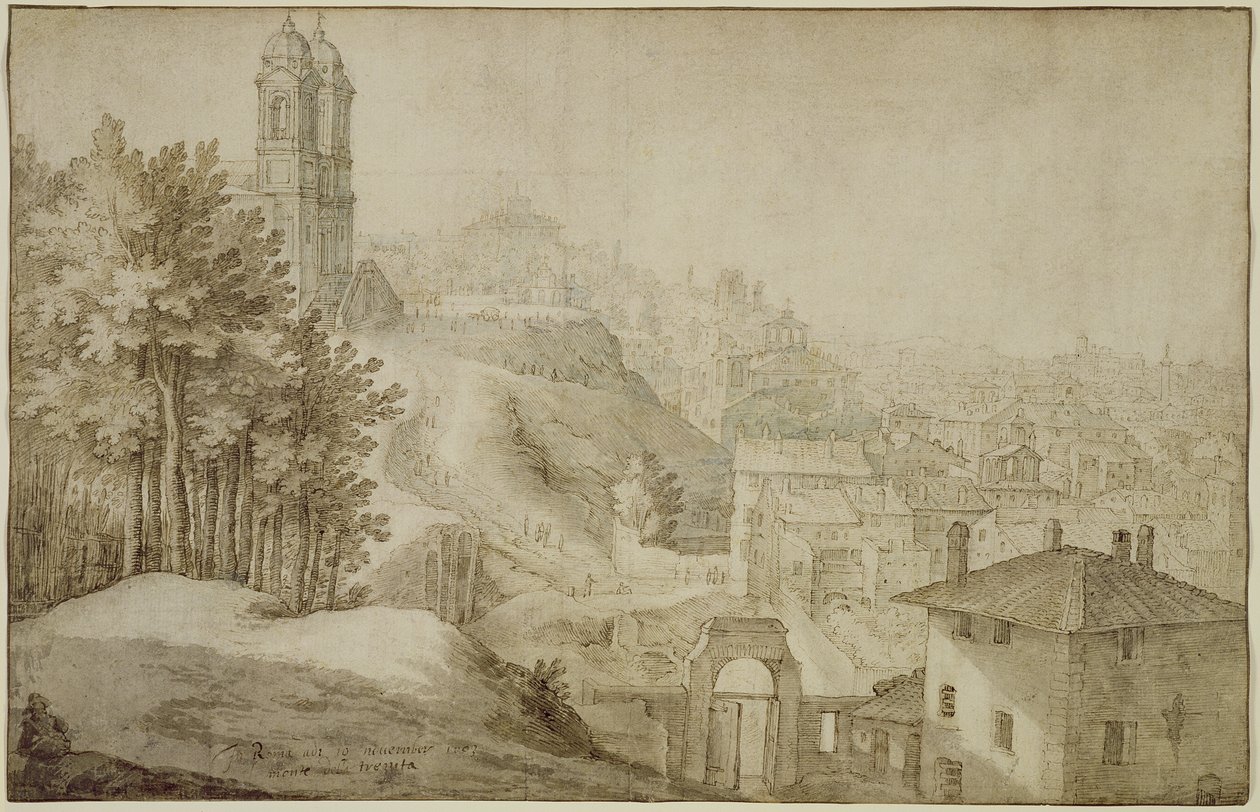 PD.516-1963 Widok Trinita dei Monti, Rzym, 1603 (pióro i atrament z lawowaniem) autorstwa Willem van Nieulandt
