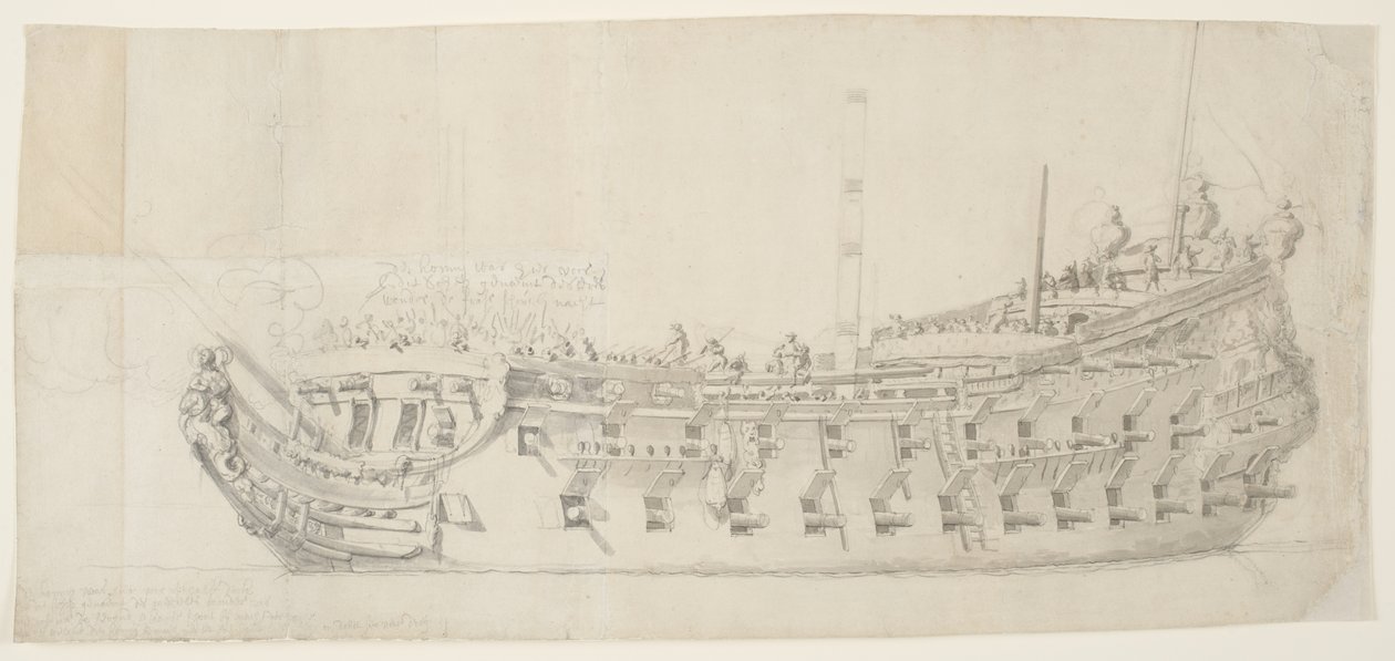 Francuski Man-O-War Royale Thérese, 1673 (czarna kreda z szarym washem na średnim, gładkim, kremowym papierze kładzionym) autorstwa Willem van de Velde