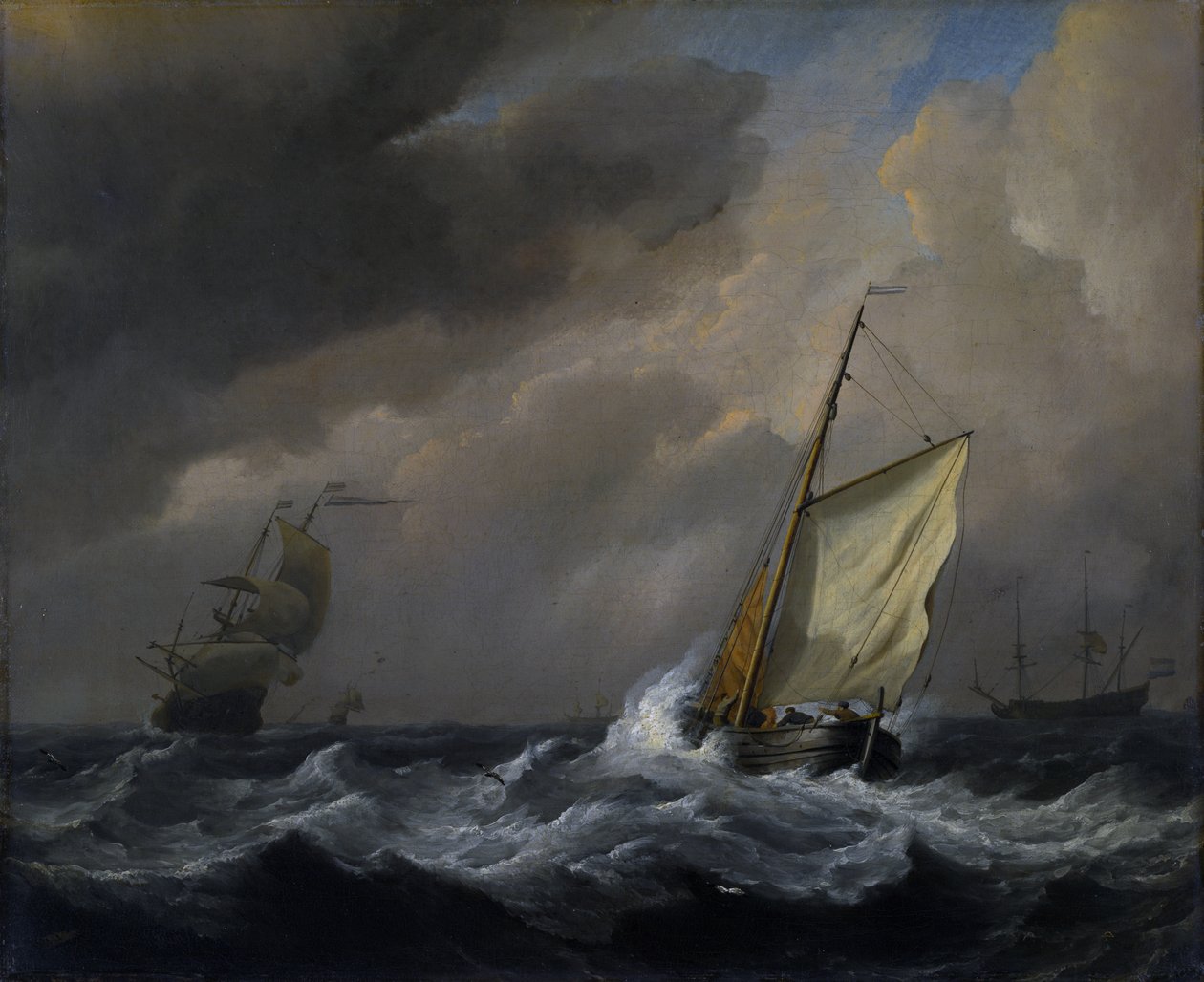 Mały holenderski statek na bliskim dystansie w silnym wietrze autorstwa Willem van de Velde the Younger