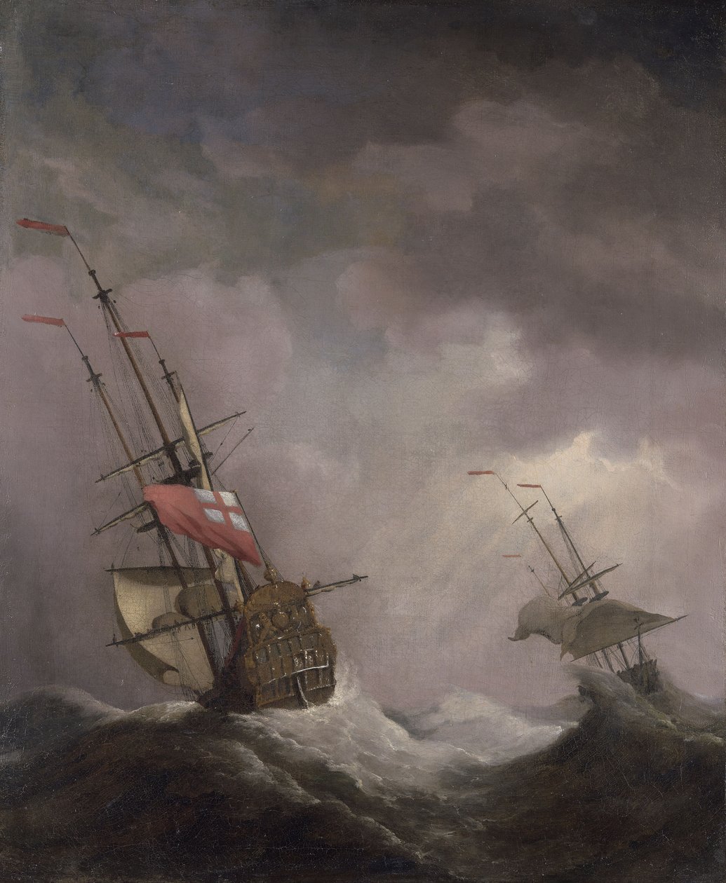 Angielski statek na morzu płynący podczas wichury autorstwa Willem van de Velde the Younger