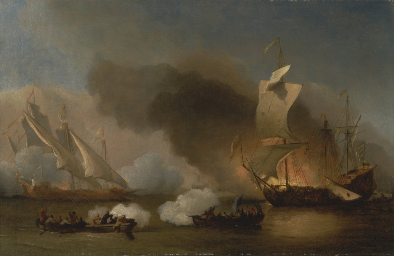 Akcja u wybrzeży Barbary z galerami i angielskimi statkami autorstwa Willem van de Velde the Younger