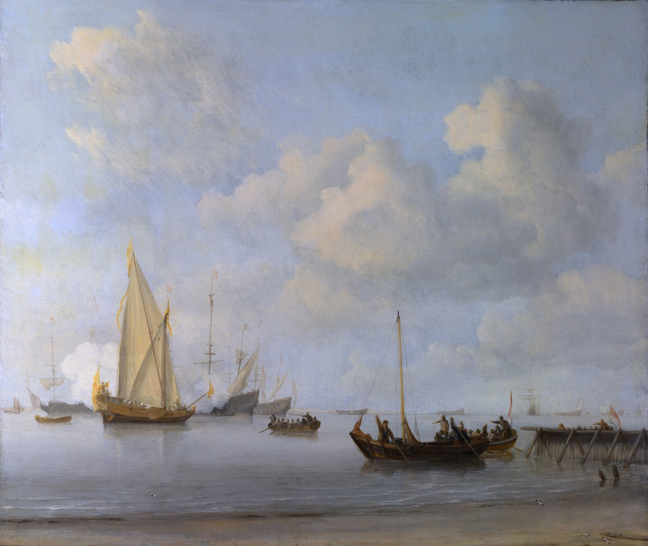 Łodzie ciągnące się na jacht w spokoju autorstwa Willem van de Velde the Younger