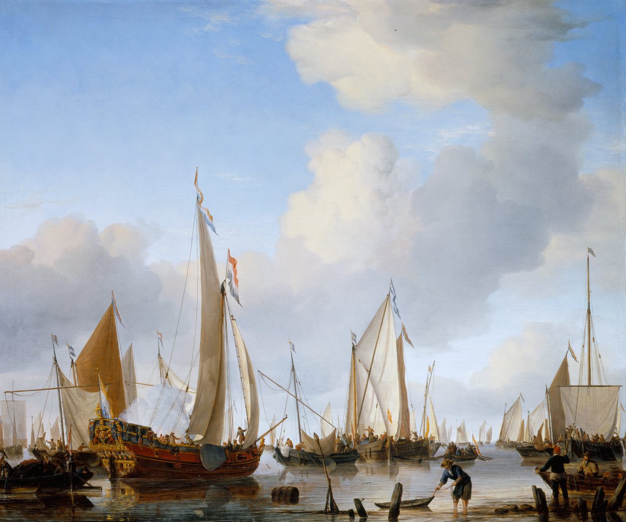 Spokój - jacht państwowy pod żaglami blisko brzegu z wieloma innymi jednostkami pływającymi autorstwa Willem van de Velde the Younger