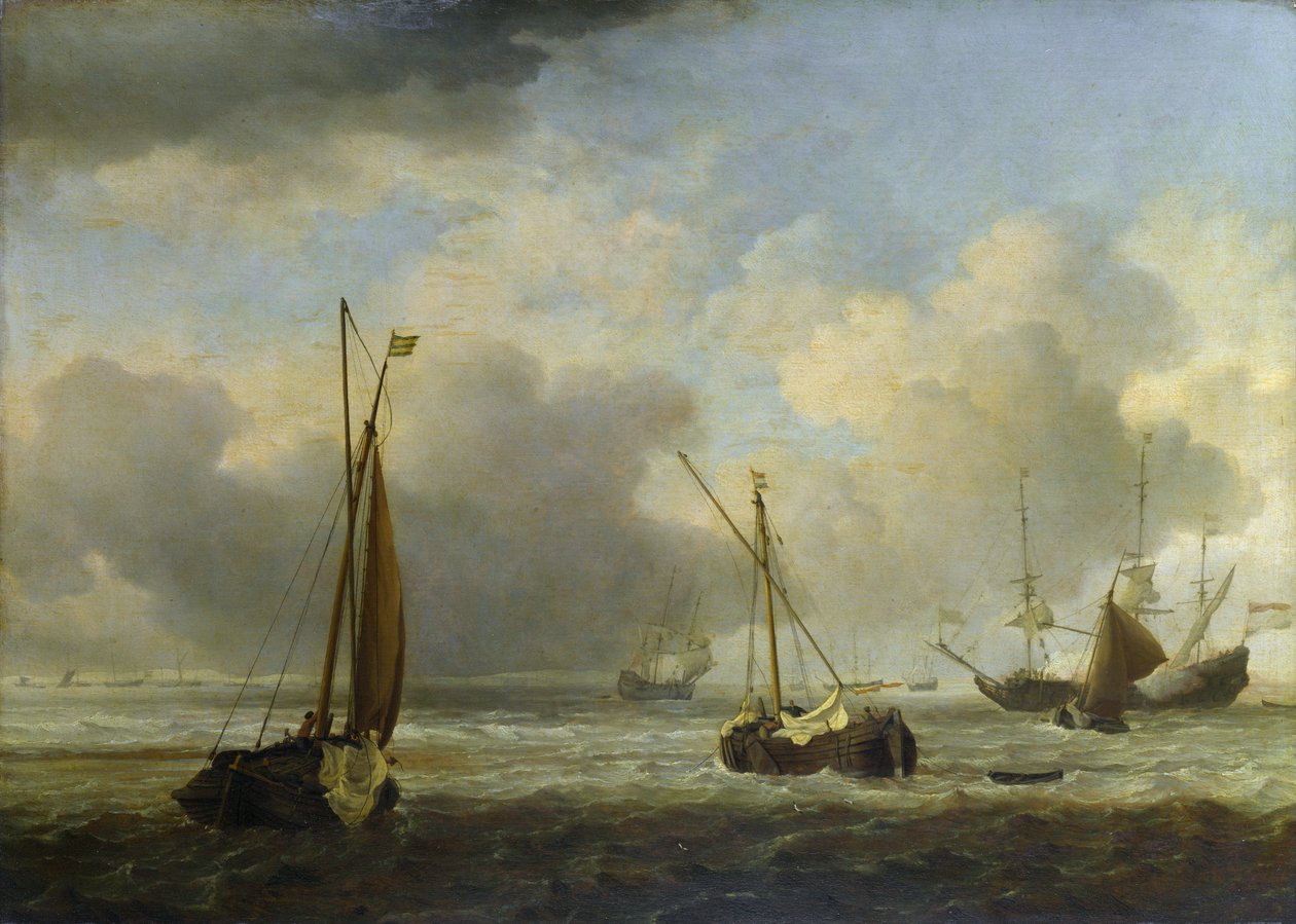 Holenderskie statki i małe statki na morzu na wietrze autorstwa Willem van de Velde the Younger