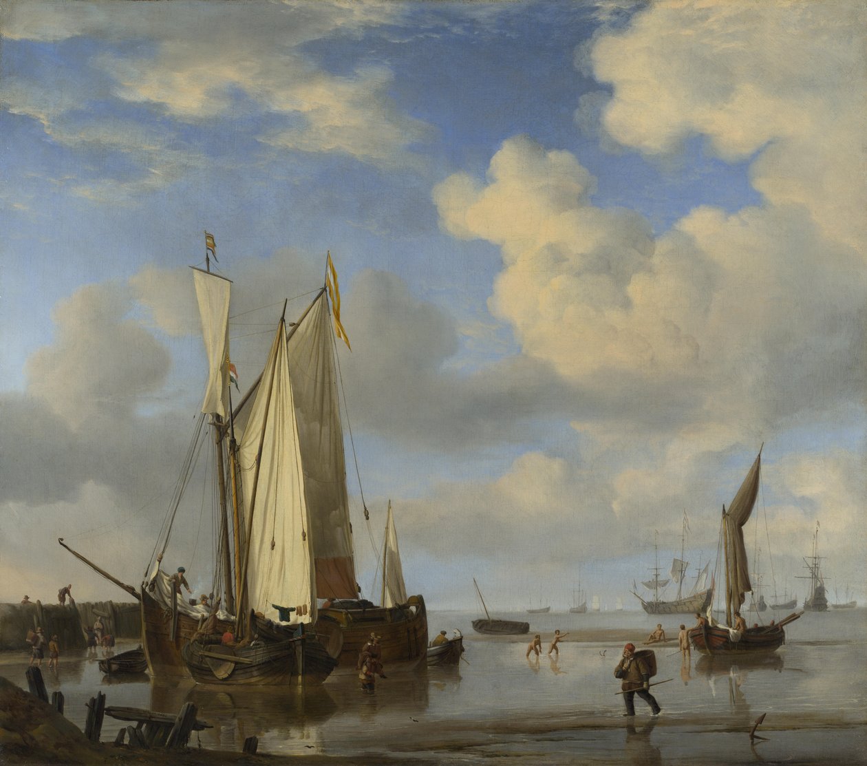Holenderskie statki zamykają przybrzeżne podczas odpływu, a mężczyźni kąpią się autorstwa Willem van de Velde the Younger