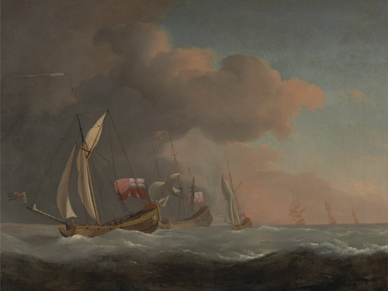 Angielskie jachty królewskie na morzu przy silnym wietrze w towarzystwie statku lecącego w królewskim standardzie autorstwa Willem van de Velde the Younger