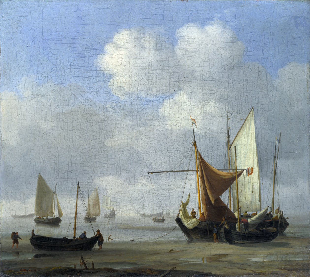 Małe holenderskie statki na mieliźnie przy niskiej wodzie w spokoju autorstwa Willem van de Velde the Younger