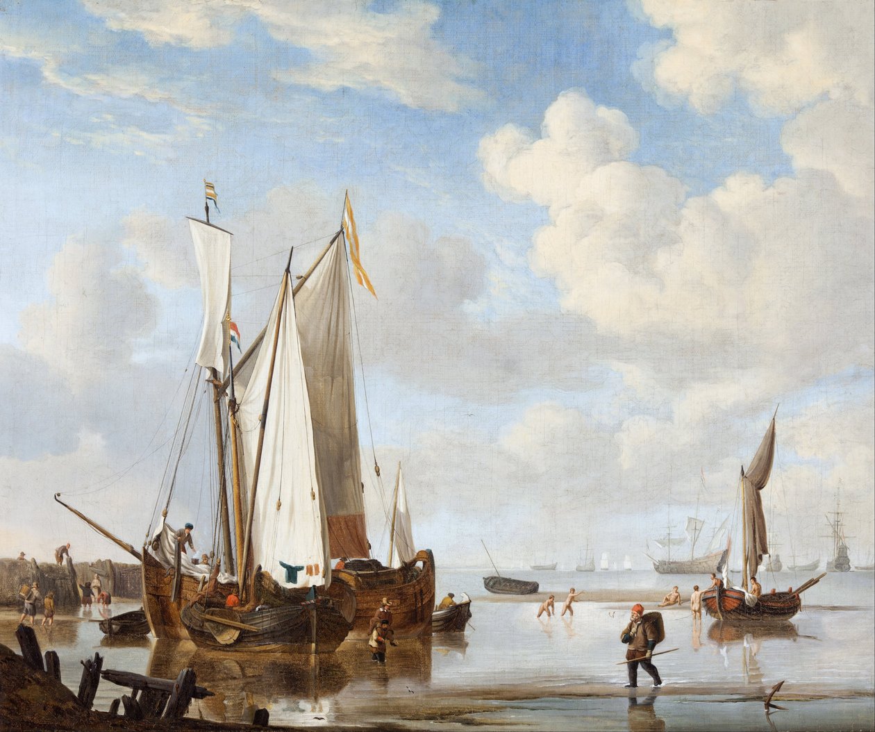 Wijdschip i kaag w zatoce w pobliżu falochronu autorstwa Willem Velde Younger and the de van workshop