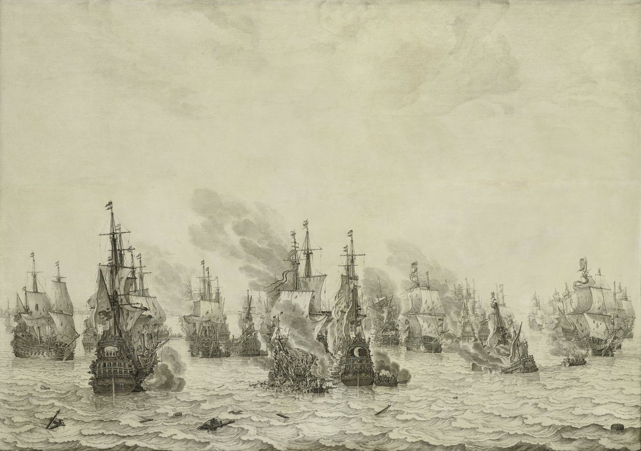 Bitwa pod Livorno lub Leghorn, ok. 1659-99 (malowanie piórem na panelu) autorstwa Willem van de Velde the Elder