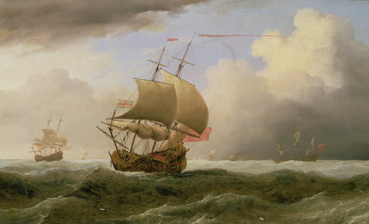 Angielski statek na bliskim dystansie w silnym wietrze (olej) autorstwa Willem van de Velde the Younger