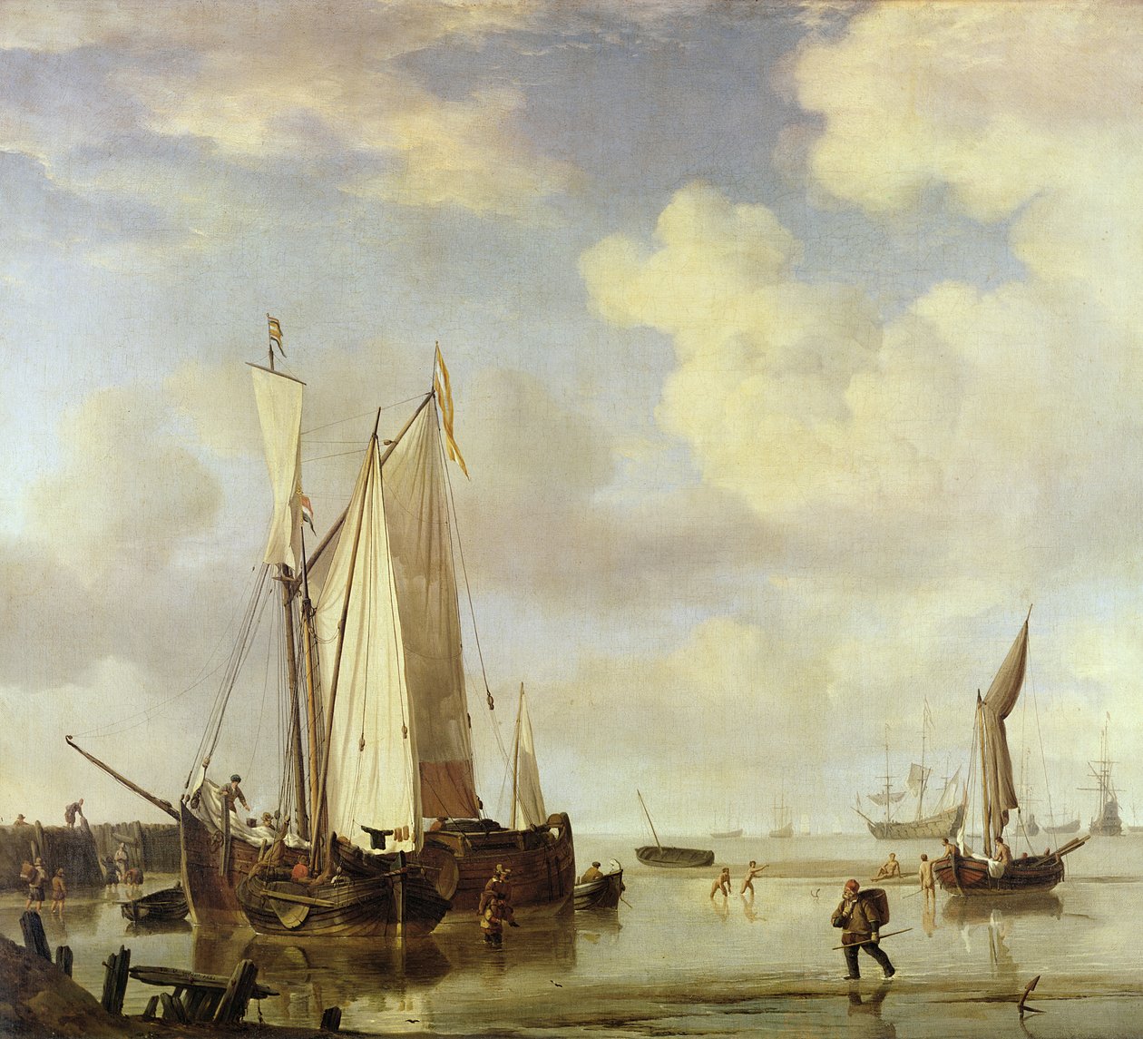 Holenderskie statki przybrzeżne i kąpiele dla mężczyzn, 1661 autorstwa Willem van de Velde the Younger