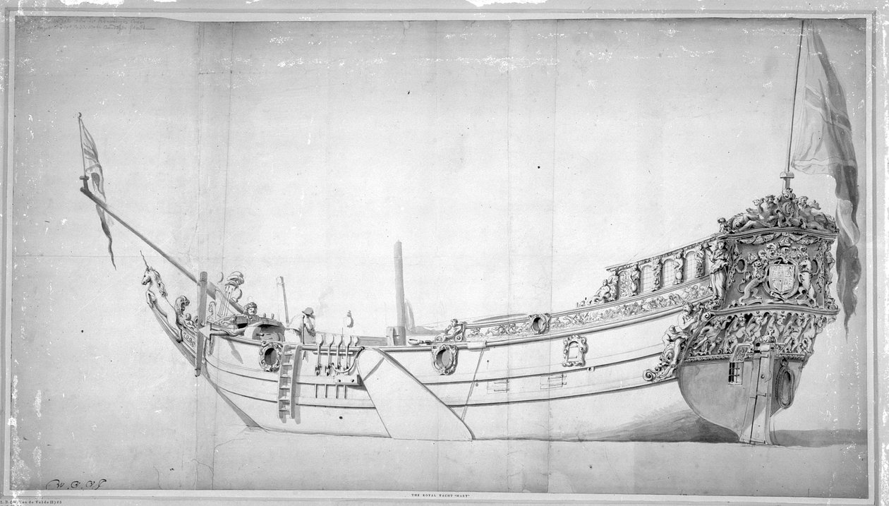 Jacht Królewski „Mary” (rysunek na papierze) autorstwa Willem van de Velde the Younger