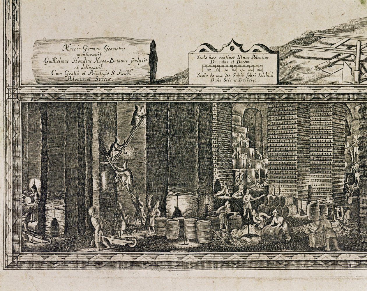 Kopalnie soli w Wieliczce pod Krakowem wytwarzały około jednej trzeciej dochodów królów polskich... (rycina) autorstwa Willem (c.1597 1660) Hondius