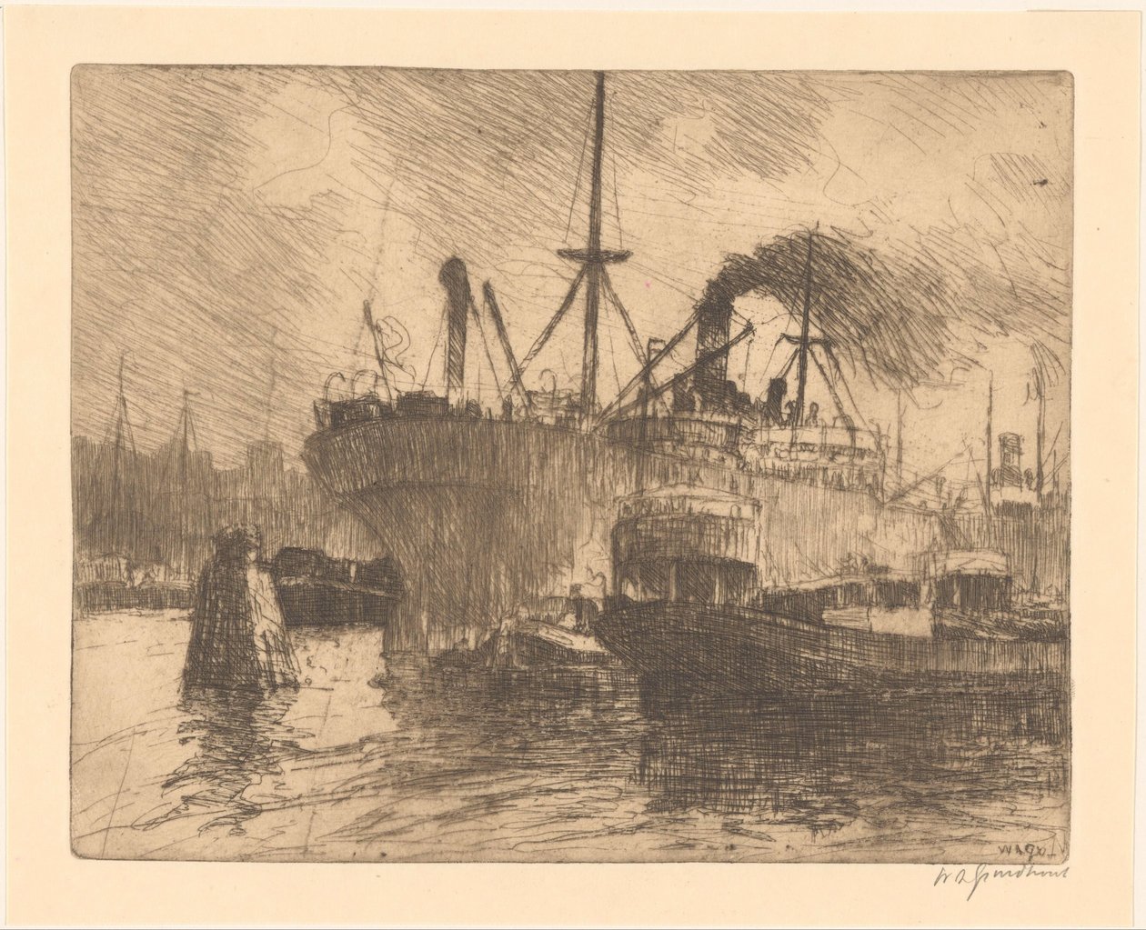 Zacumowane statki w porcie Rotterdam autorstwa Willem Adrianus Grondhout (signed by artist)