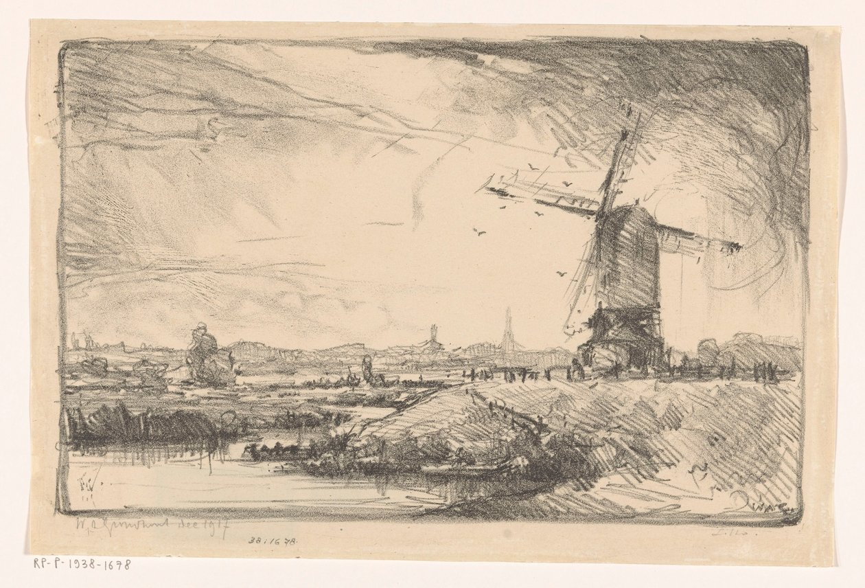 Krajobraz z wiatrakiem w pobliżu Leiden autorstwa Willem Adrianus Grondhout (signed by artist)