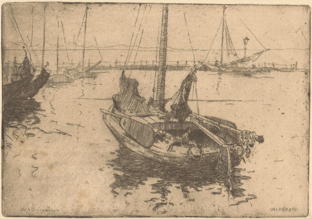 Barki w porcie Volendam autorstwa Willem Adrianus Grondhout (signed by artist)