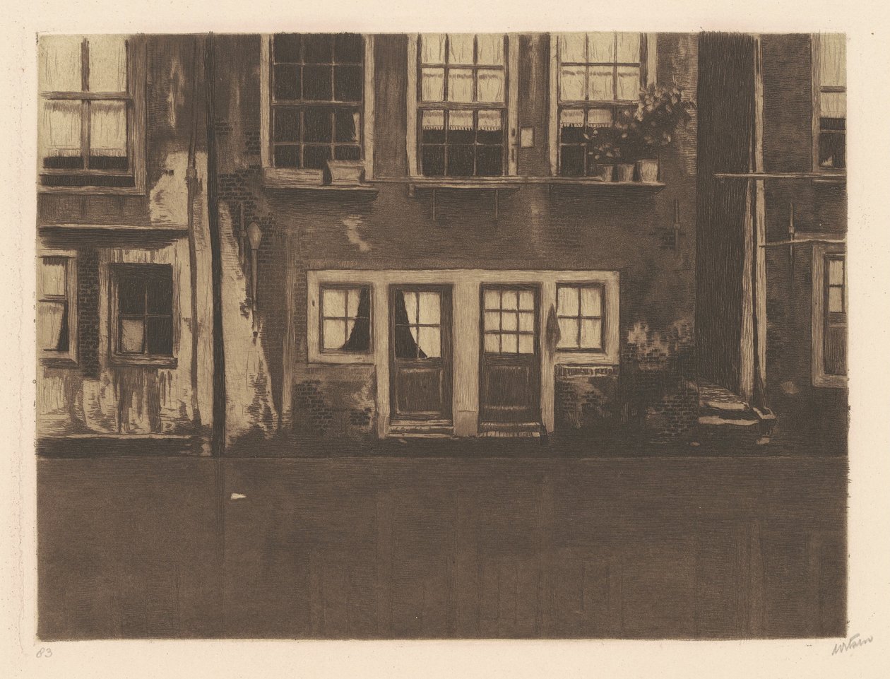 Oudezijds Achterburgwal, dwoje drzwi pośrodku [Oudezijds Achterburgwal, z dwojgiem drzwi pośrodku] autorstwa Willem Arnold Witsen