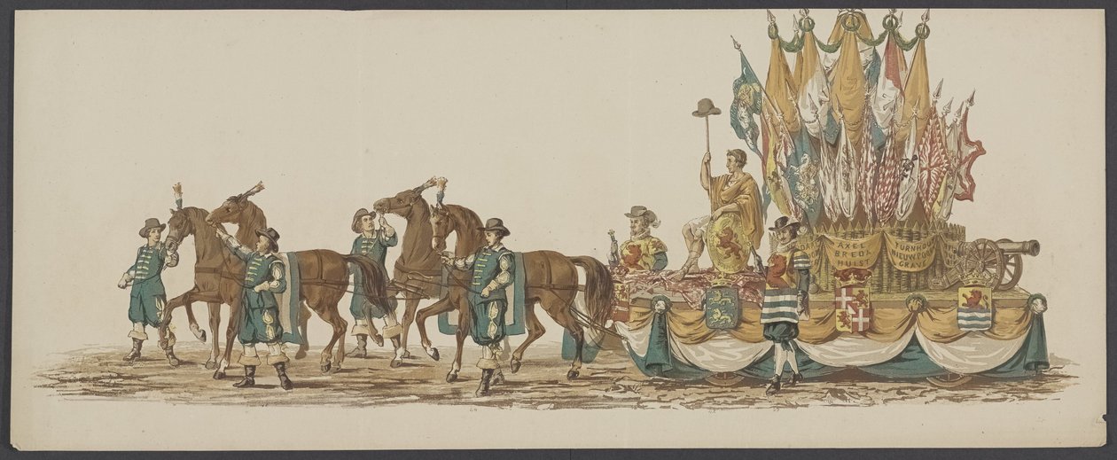 Parada Delft z 1862 r., trzecia grupa Czwarte Lustrum Akademii Królewskiej w Delft - Ao. 1862 - Costumed Optogt (tytuł serii na obiekcie) autorstwa Willem Bernardus IJzerdraat