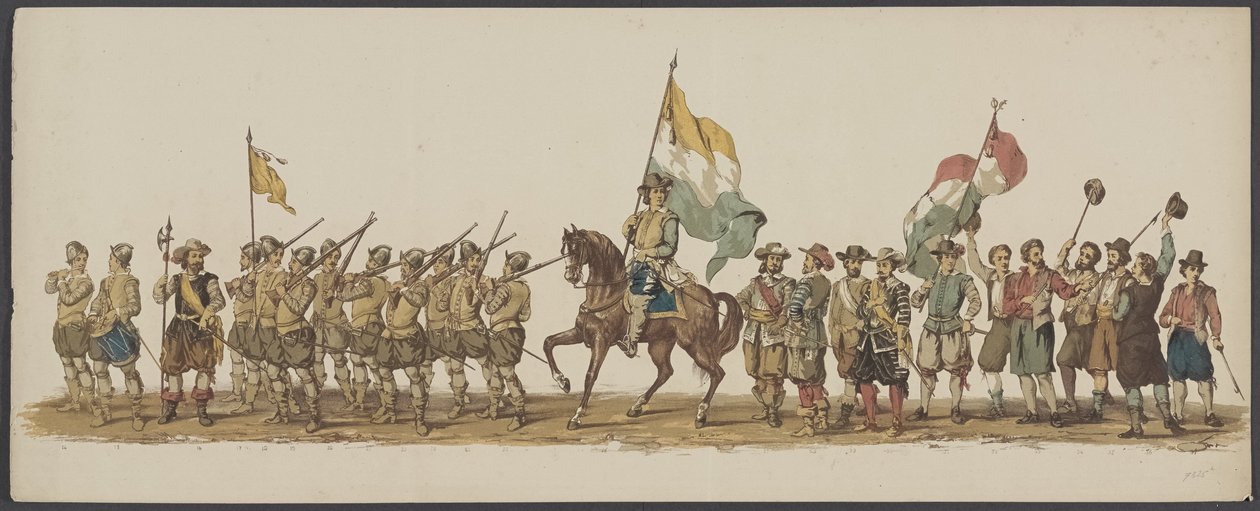 Parada Delft z 1862 r., pierwsza i druga grupa Czwarte Lustrum Akademii Królewskiej w Delft - Ao. 1862 - Costumed Optogt (tytuł serii na obiekcie) autorstwa Willem Bernardus IJzerdraat