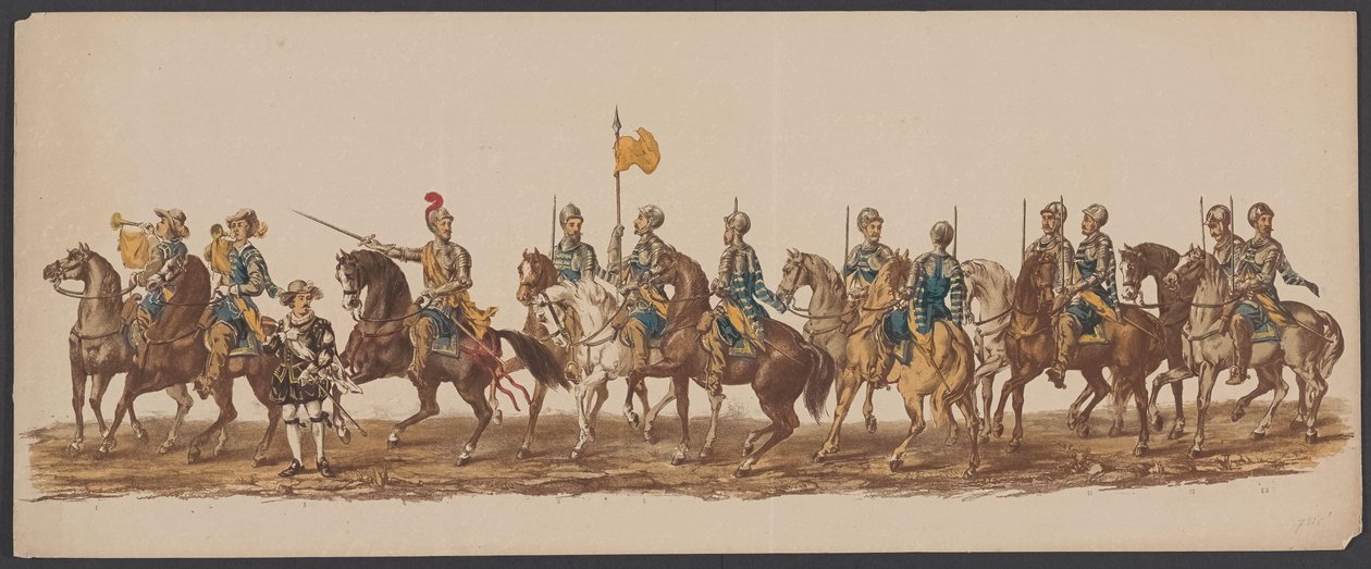 Parada Delft z 1862 r., pierwsza grupa Czwarte Lustrum Akademii Królewskiej w Delft - Ao. 1862 - Costumed Optogt (tytuł serii na obiekcie) autorstwa Willem Bernardus IJzerdraat