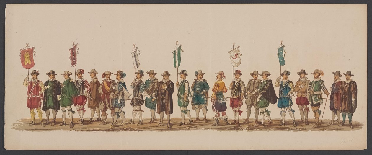 Parada Delft z 1862 r., piąta grupa Czwarte Lustrum Akademii Królewskiej w Delft - Ao. 1862 - Costumed Optogt (tytuł serii na obiekcie) autorstwa Willem Bernardus IJzerdraat