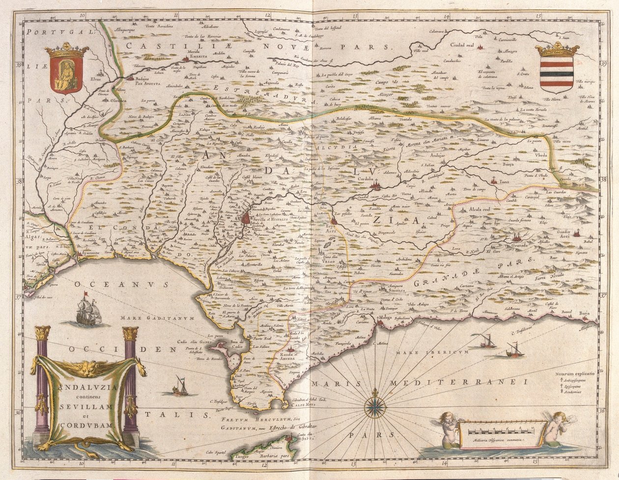 Andaluzja i miasto Sewilla, Cieśnina Gibraltarska, w "Theatrum Orbis Terrarum, sive Atlas Novus" Willema Blaeu, Amsterdam autorstwa Willem Blaeu
