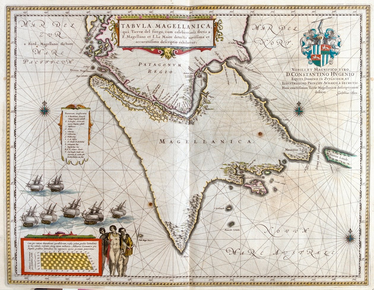 Argentyna, Chile, Cieśnina Magellana, Ziemia Fuego, w "Theatrum Orbis Terrarum, sive Atlas Novus" Willema Blaeu, Amsterdam autorstwa Willem Blaeu